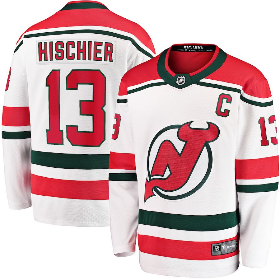 Men New Jersey Devils #13 Nico Hischier Fanatics Branded White 2022-23 Heritage Premier Breakaway NHL Jersey->new york rangers->NHL Jersey